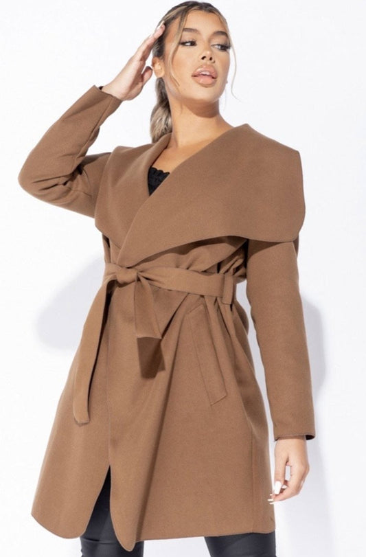 BELLE MID LENGTH OVERSIZED BELTED WATERFALL COAT